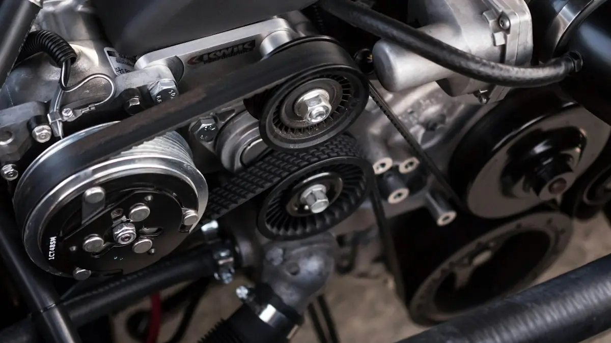 Close-up of an engine's belts and pulleys
